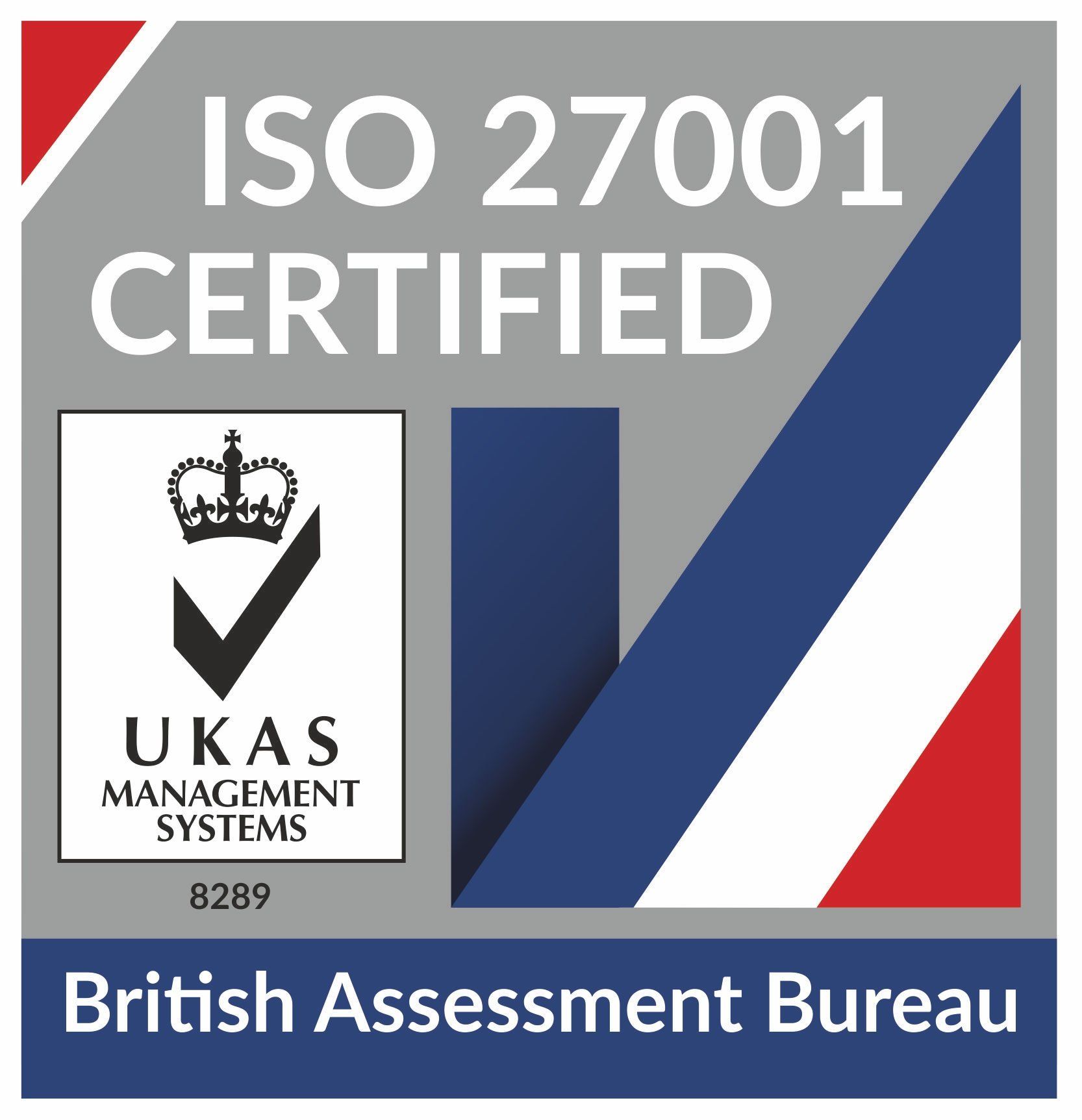 BASE Technologies ISO 27001 Certification badge, awarded by the British Assessment Bureau.