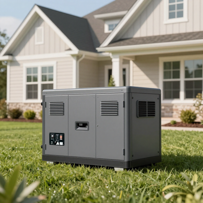 Portable gray generator on a lawn in front of a suburban house