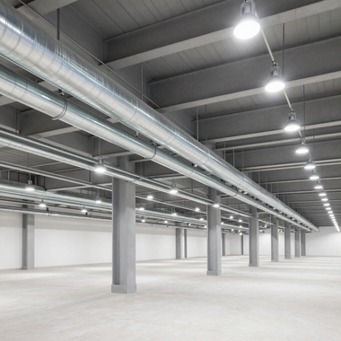 Empty industrial warehouse interior with concrete floors, gray pillars, exposed ducts, and ceiling lights