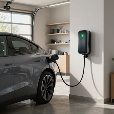 Electric car charging in a modern garage, connected to a wall-mounted charger with a green light.