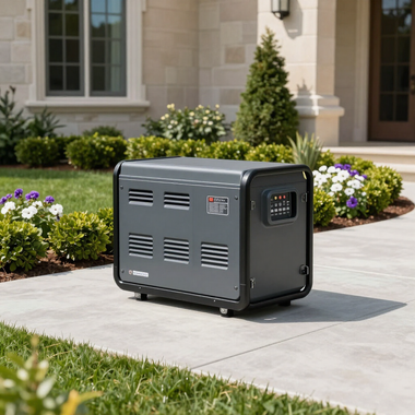 Portable gray generator on a concrete driveway beside a house and flower beds