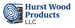 Logo for Hurst Wood Products LLC featuring a blue wood log graphic and dark blue text on white.
