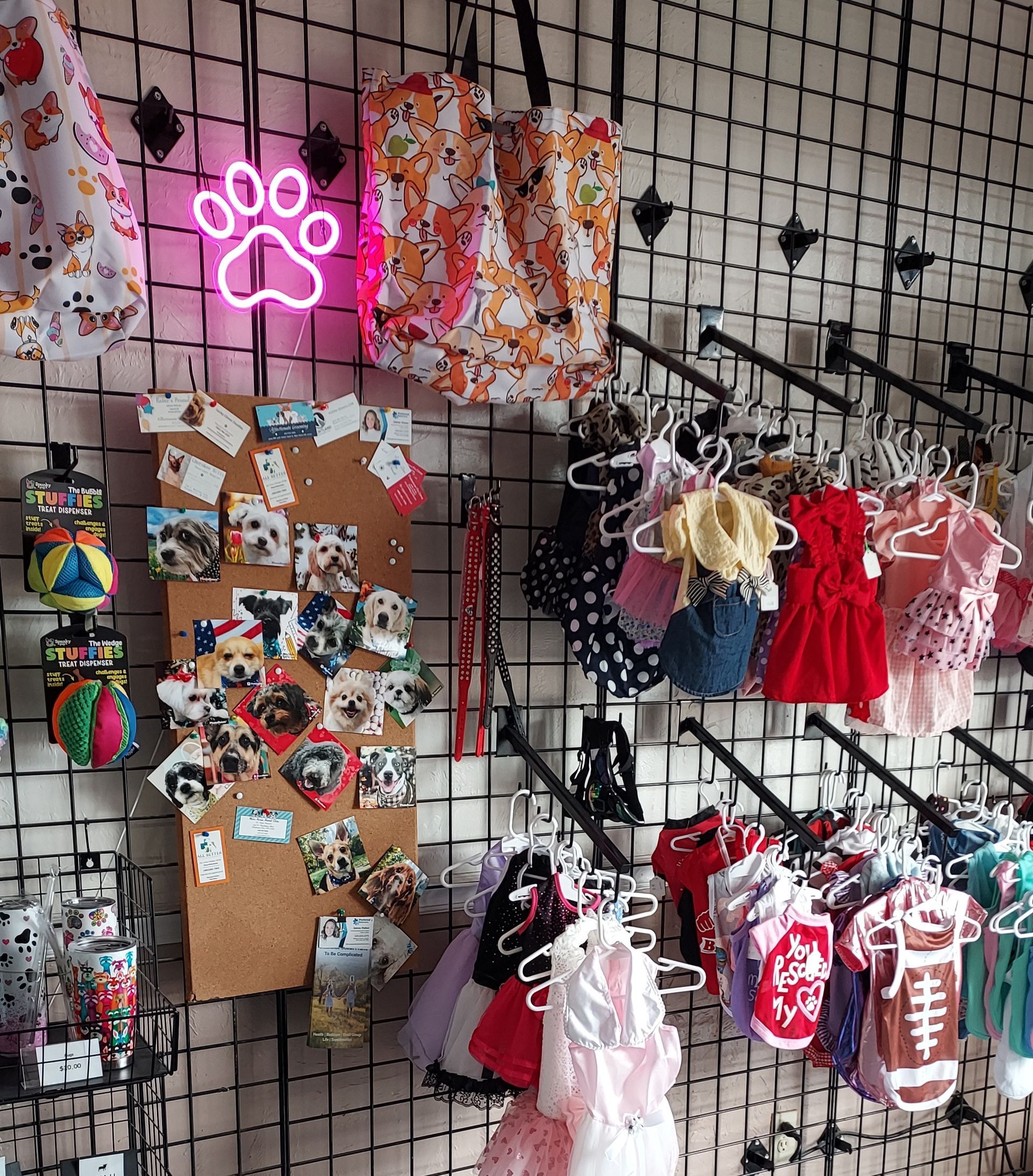 A bowl , leash , toy , and rope are on a table.