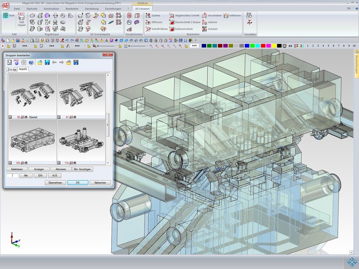 Ein Computerbildschirm zeigt ein 3D-Modell einer Maschine; MegaCAD