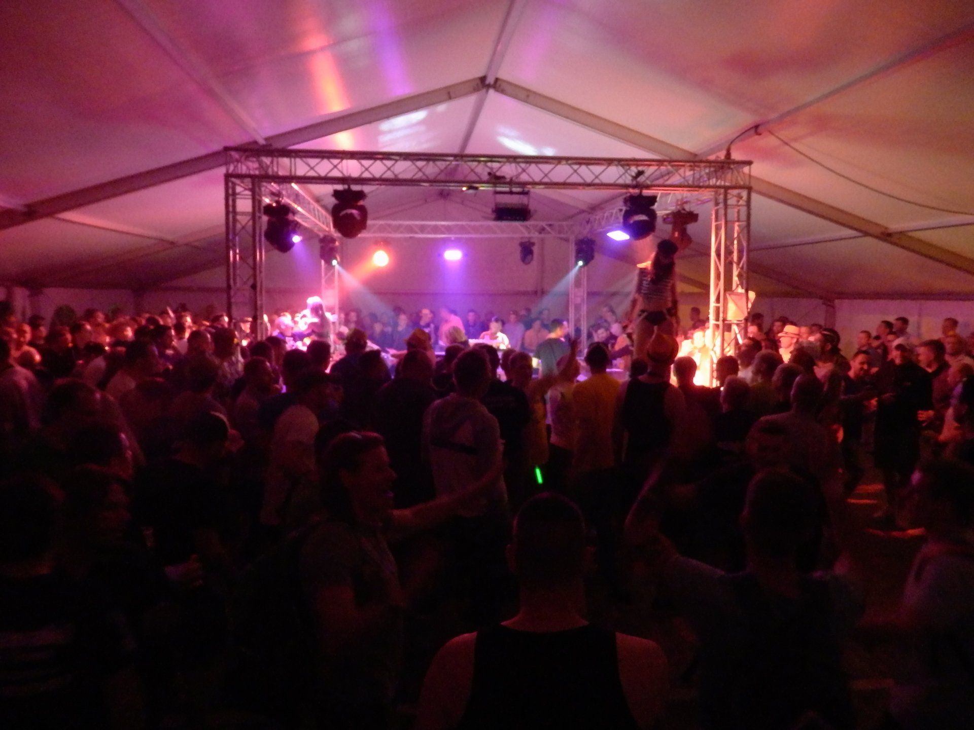 Bei einem Konzert tanzt eine Menschenmenge in einem Zelt.
