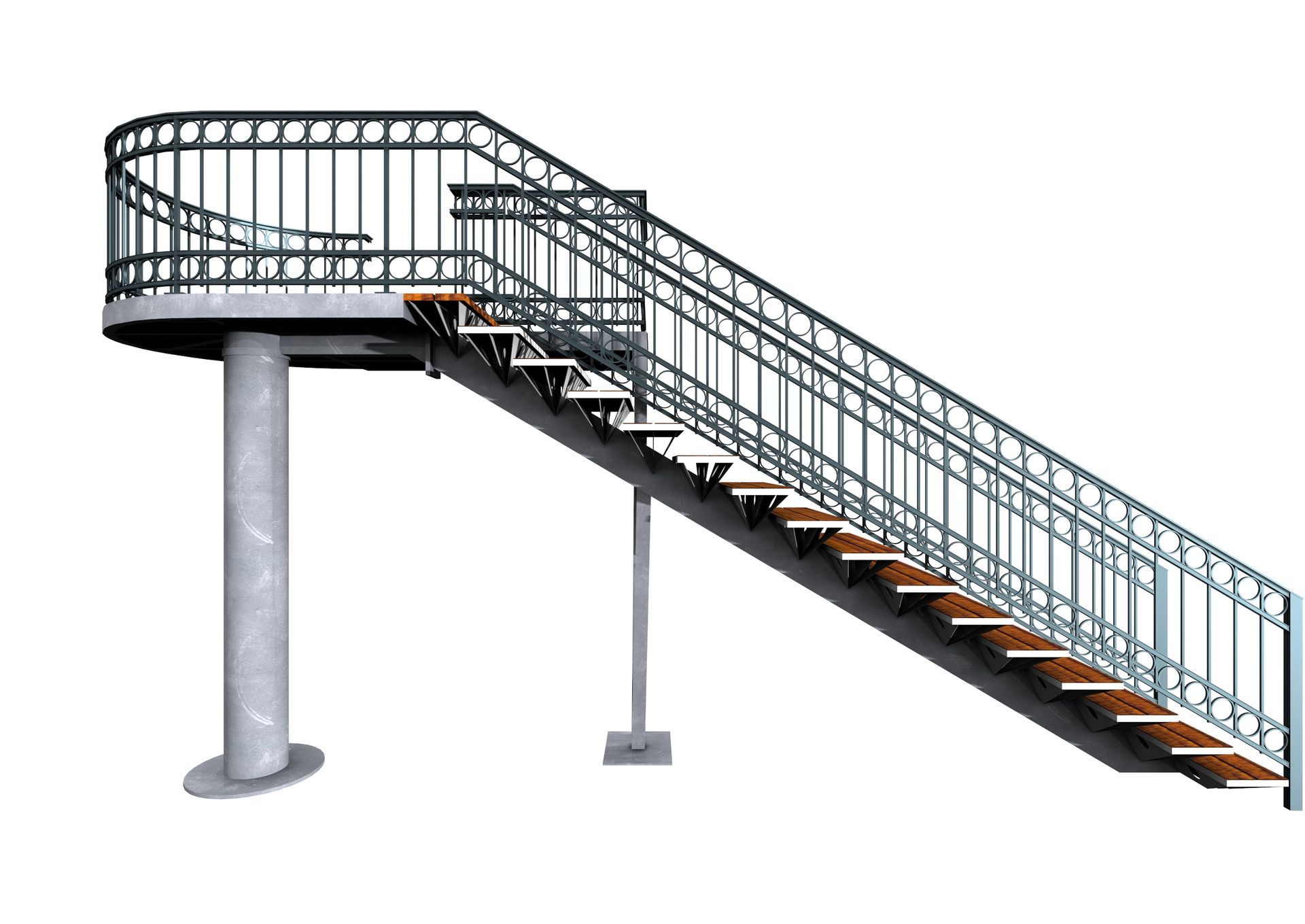 Eine Treppe mit einem Metallgeländer und Holzstufen auf weißem Hintergrund; MegaCAD