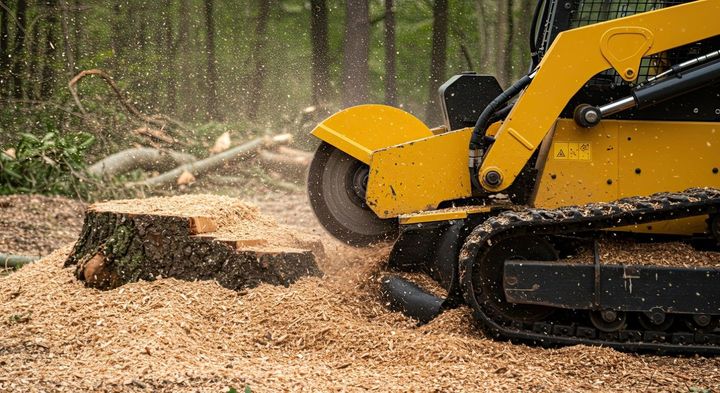 A yellow tractor is cutting a tree stump in the woods.