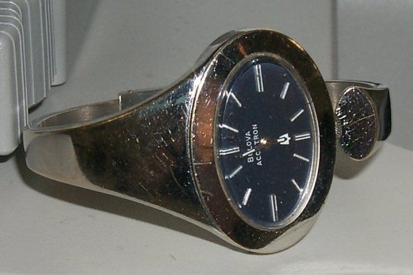 Accutron 230 ladies bangle watch before refinishing and rhodium plating at the time preserve