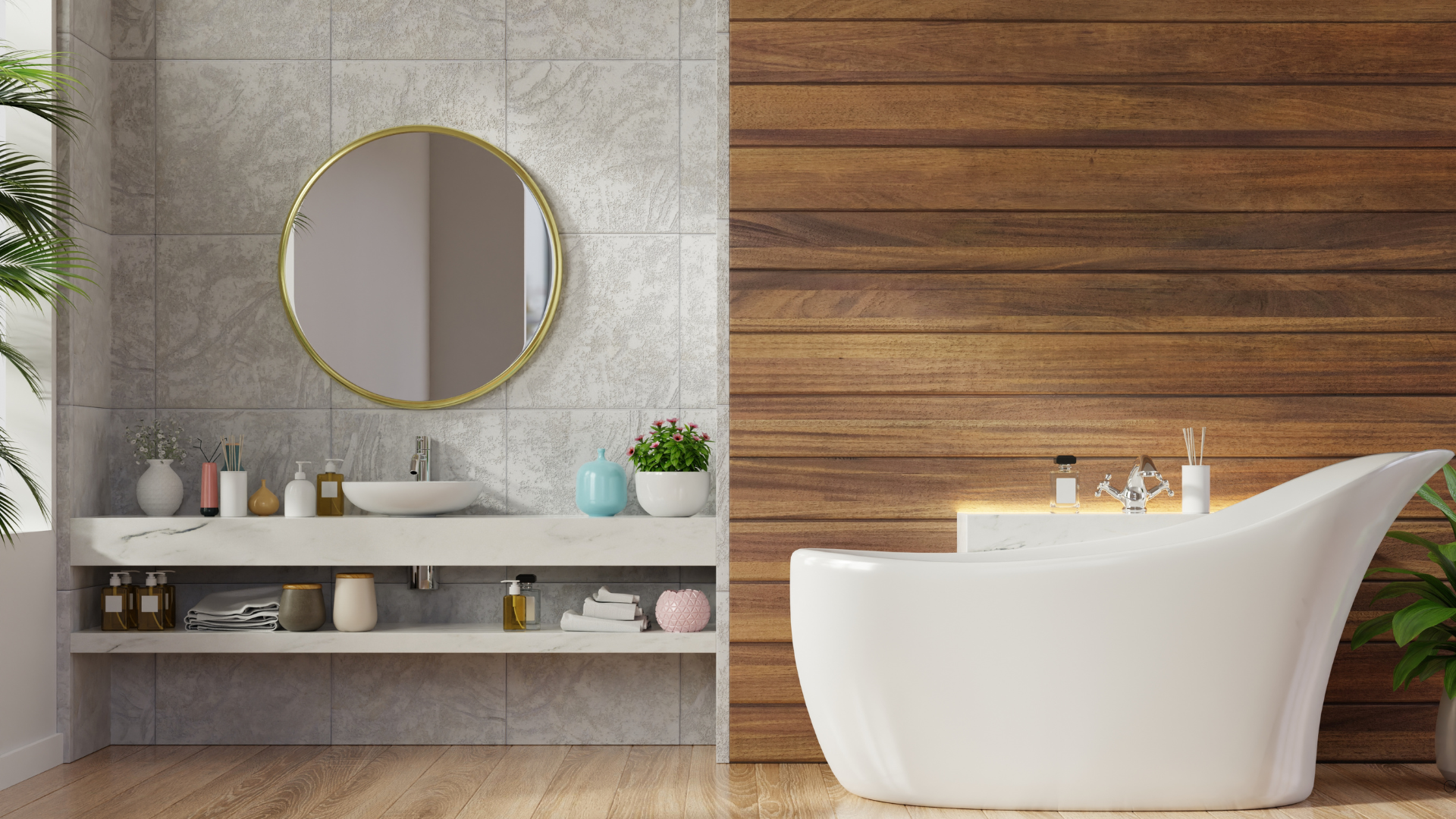 A bathroom with a bathtub , sink , mirror and wooden wall.
