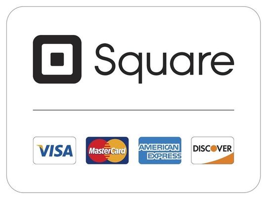 a square logo with logos for visa , mastercard , american express and discover.