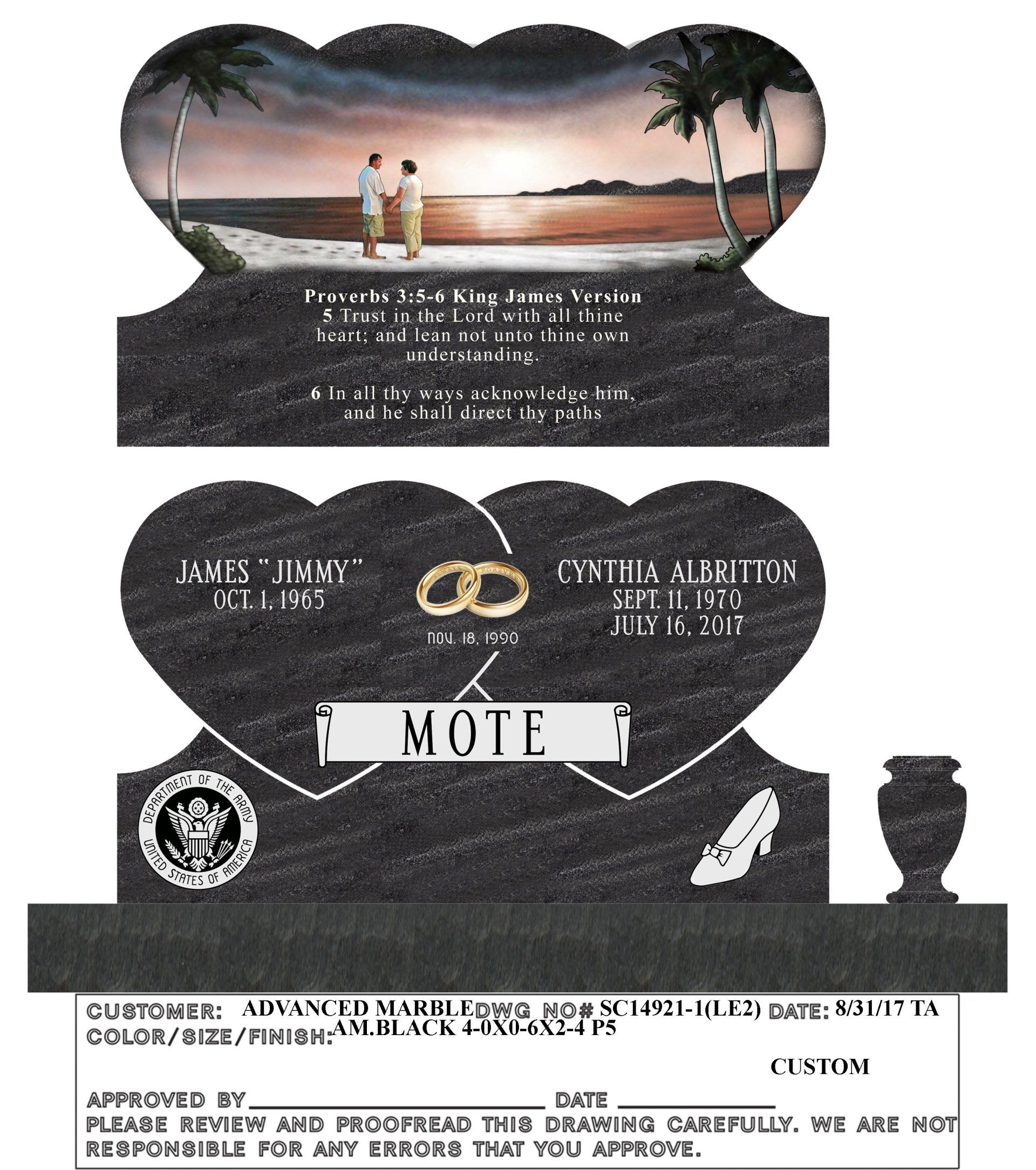 A heart shaped gravestone with a picture of a bride and groom on it