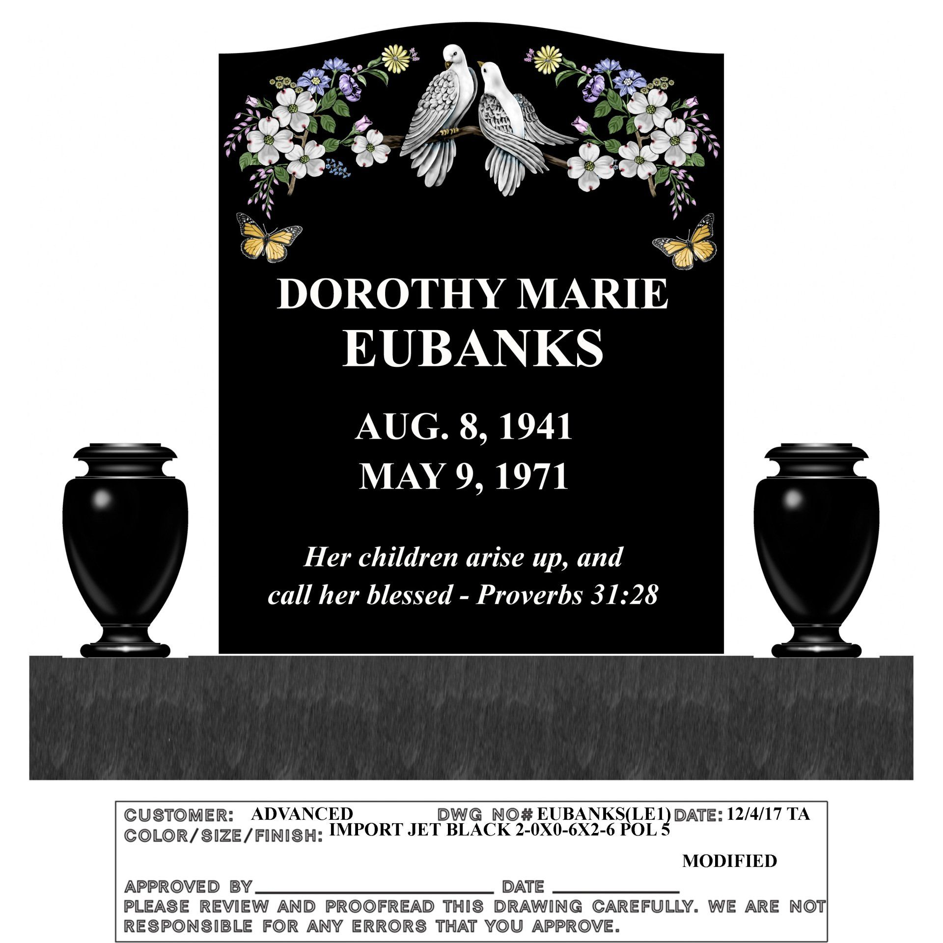 A gravestone for dorothy marie eubanks with two vases