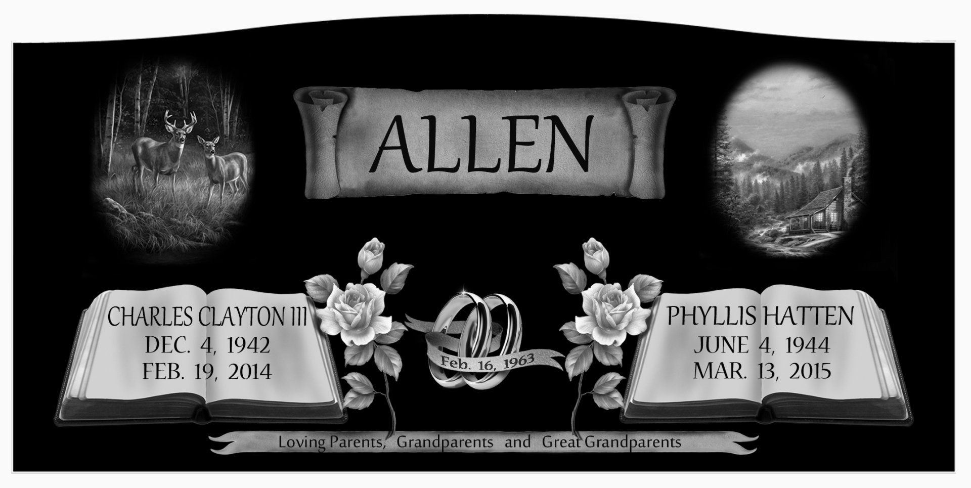 A black and white photo of a gravestone for allen.