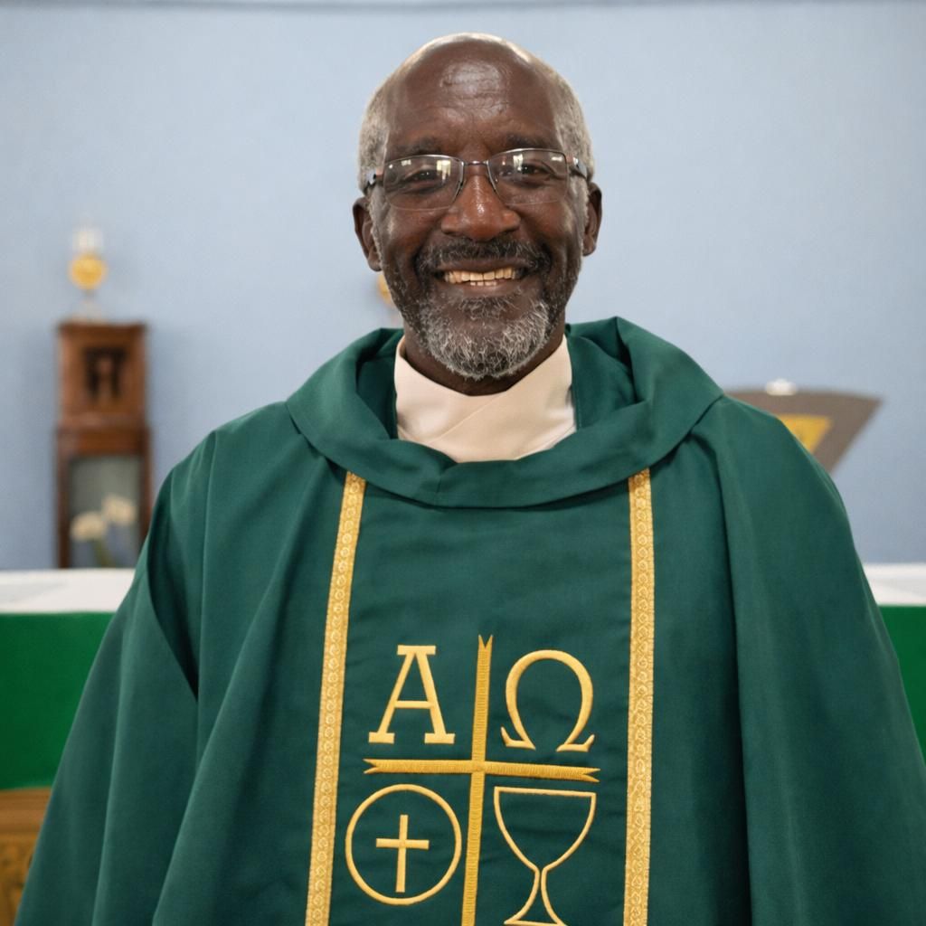 Clergyman smiling, wearing green vestments with gold trim, in church.