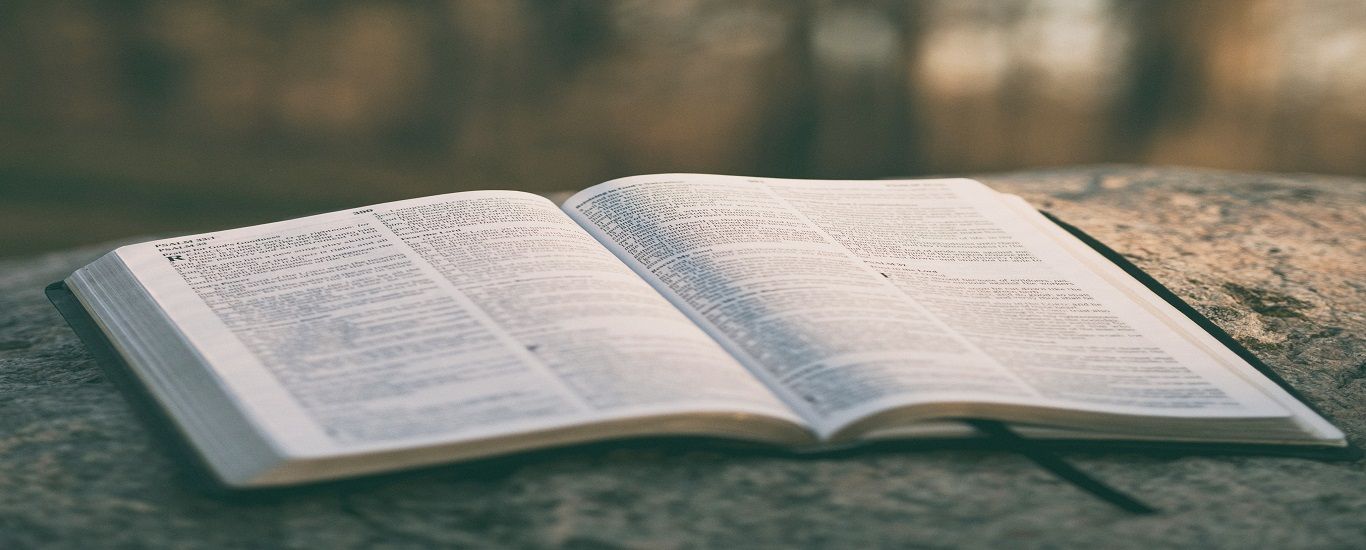 An open bible is sitting on top of a rock.