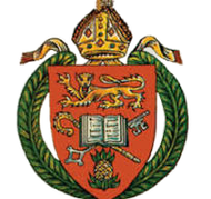 A coat of arms with a lion , a book , and a pineapple.