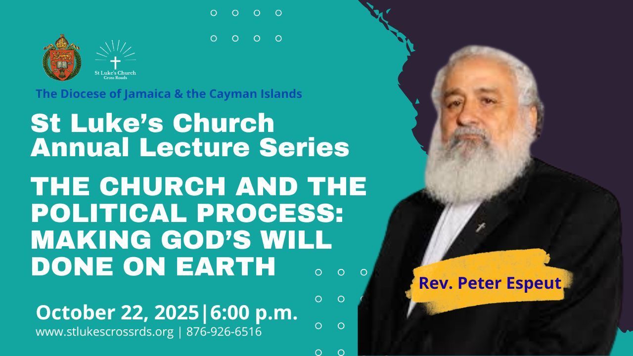 Poster: St. Luke's Church lecture on the church and political process, featuring Rev. Peter Espeut.