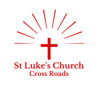 Red cross with radiating lines above “St Luke's Church Cross Roads” text on white background