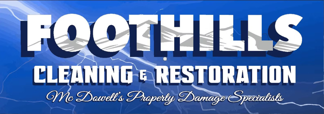 Foothills Cleaning & Restoration logo on a blue background. White text with shadow: 