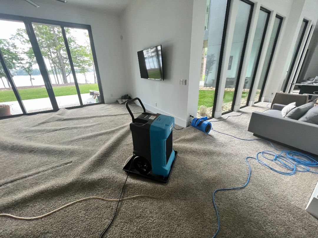 A dehumidifier and hoses sit on a wrinkled carpet in a room with large windows overlooking water.