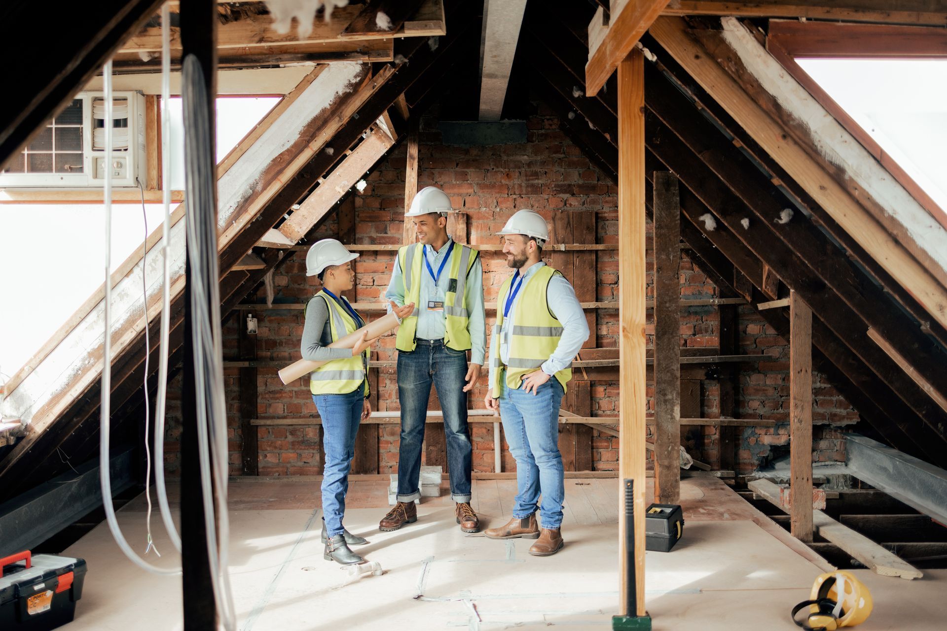 Three people in hard hats and vests in an attic, discussing a construction plan.