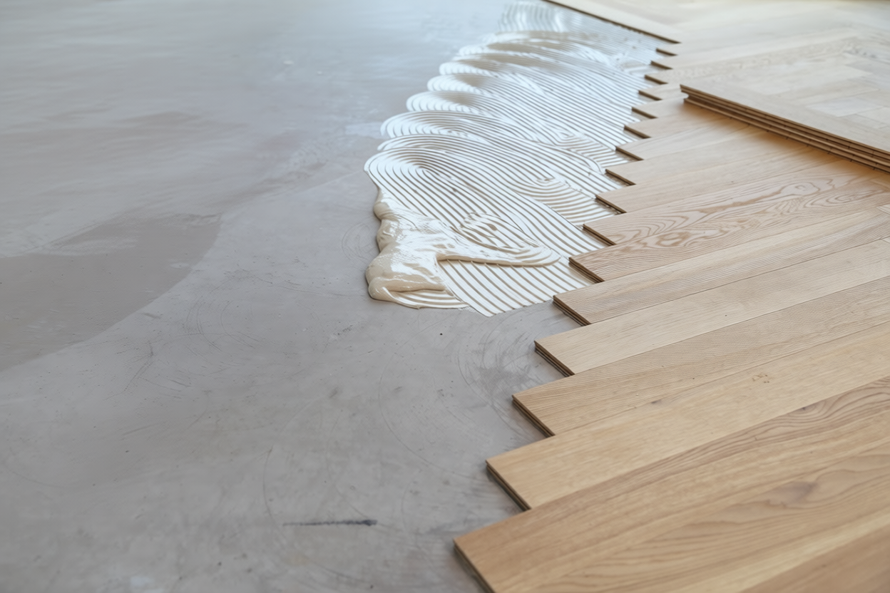 Wooden flooring being installed with glue spread on the concrete subfloor.