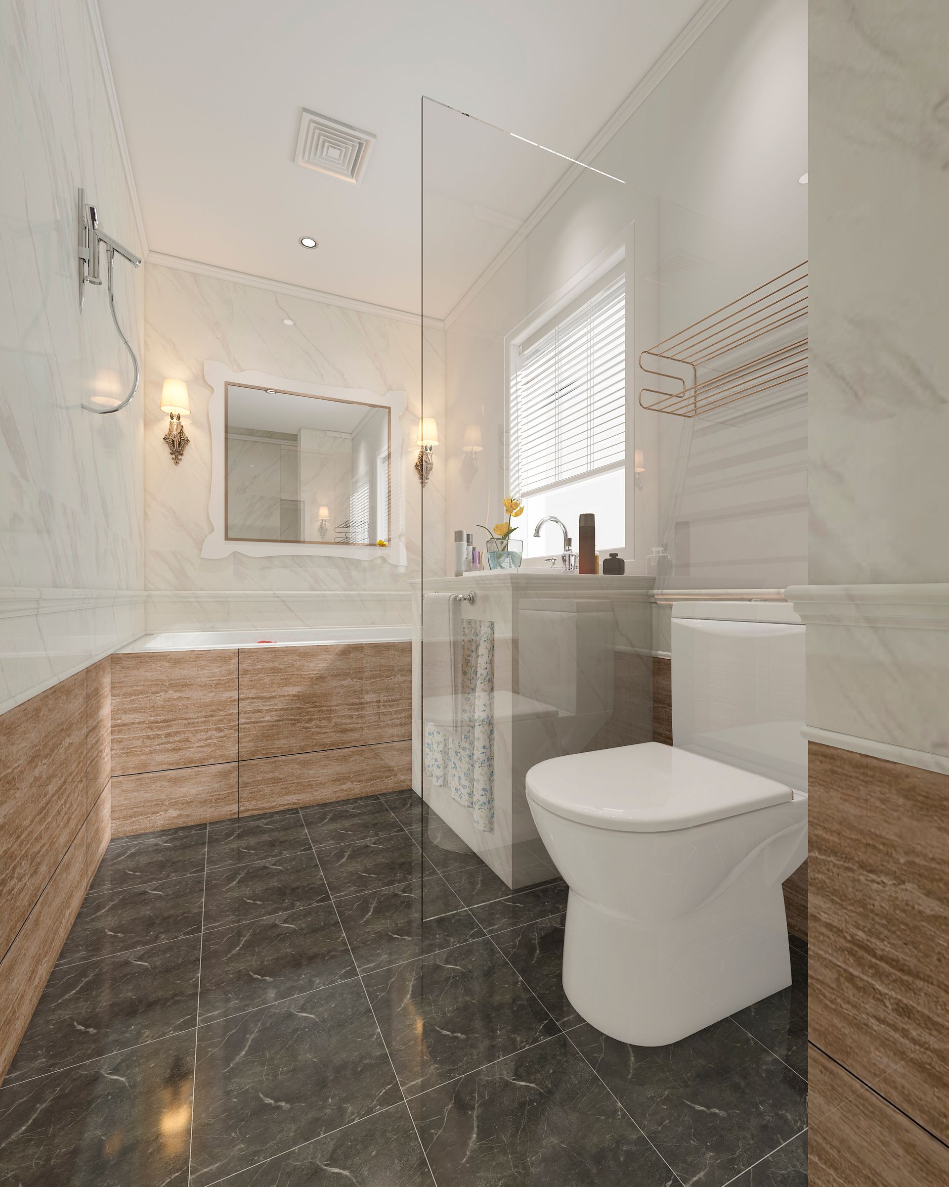 Bathroom with white fixtures, marble walls, wooden accents, and dark tiled floor.