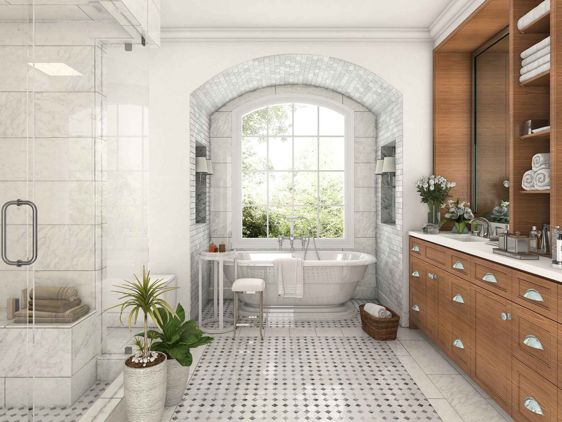Elegant bathroom with tub by window, wood cabinets, marble floors, and plants.
