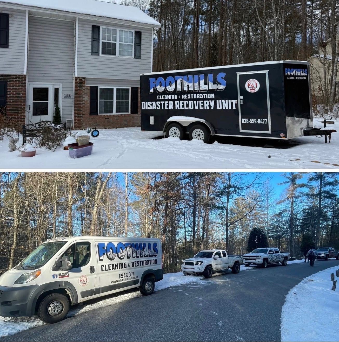 Two photos of Foothills Disaster Recovery vehicles in a snowy residential area.