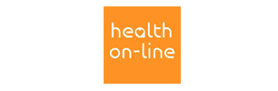 An orange square with the words health on-line written on it