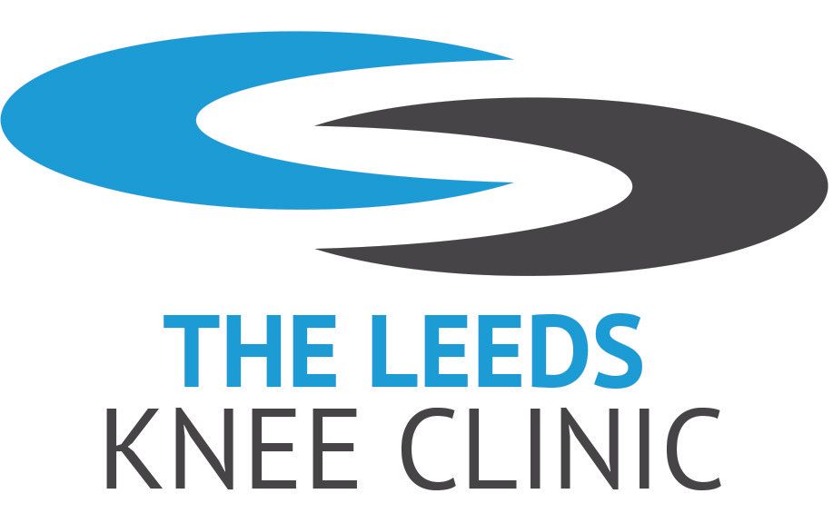The logo for the leeds knee clinic is blue and black.