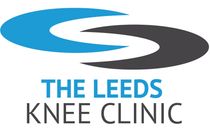 The logo for the leeds knee clinic is blue and black.