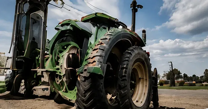 Green tractor on a road under a cloudy sky, viewed from the rear-left side