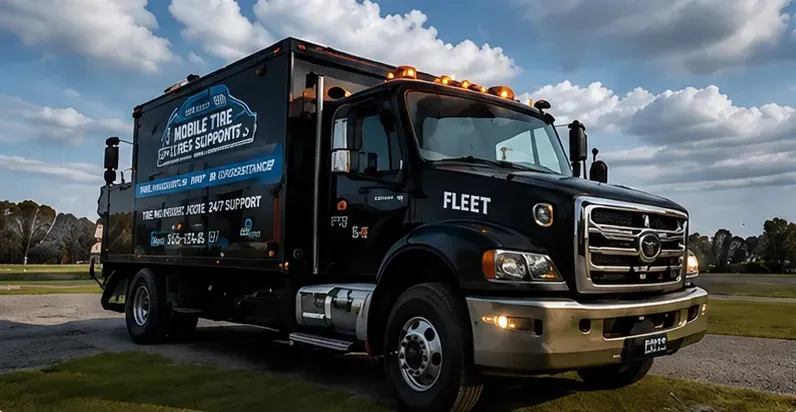 Black moving truck with company logo parked on grass under a cloudy sky