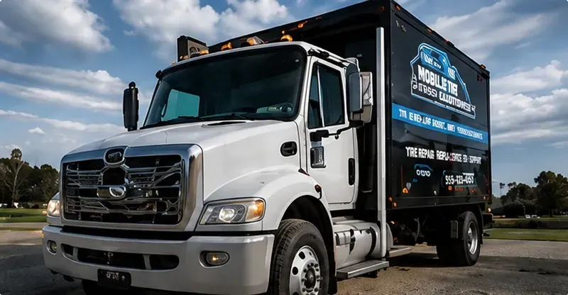 White box truck with blue branding parked outdoors on a roadside under a cloudy sky