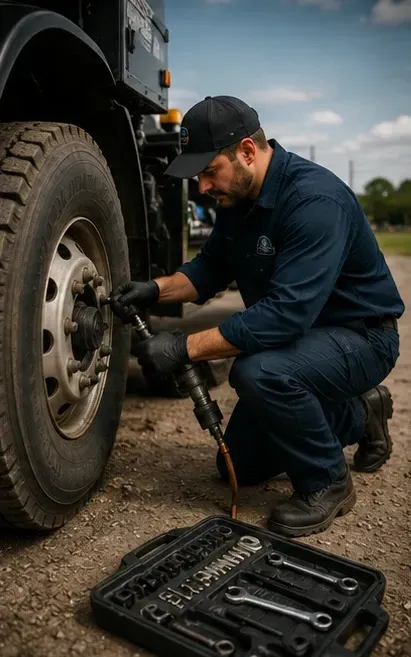 Mechanic kneeling beside a truck, tightening a wheel with a tool kit on the ground