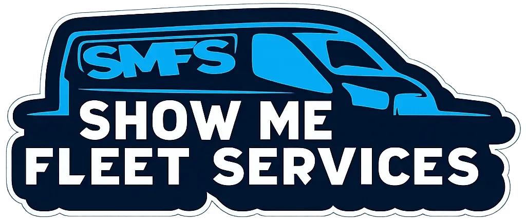 Blue and white SMFS Show Me Fleet Services truck logo
