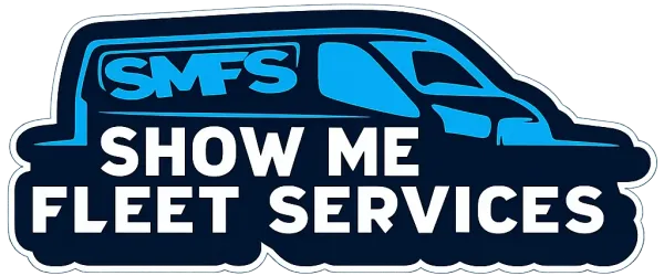 Blue and white SMFS Show Me Fleet Services truck logo