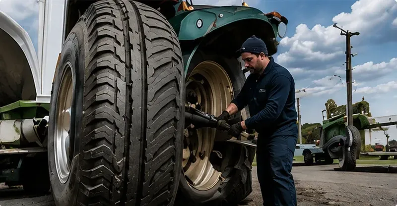 Mechanic tightening a large tractor tire on a green vehicle outdoors under cloudy skies