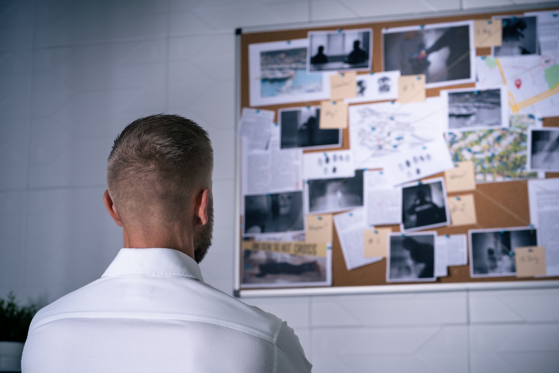 Investigator reviewing a bulletin board covered with photos, notes, and maps for a missing person case.