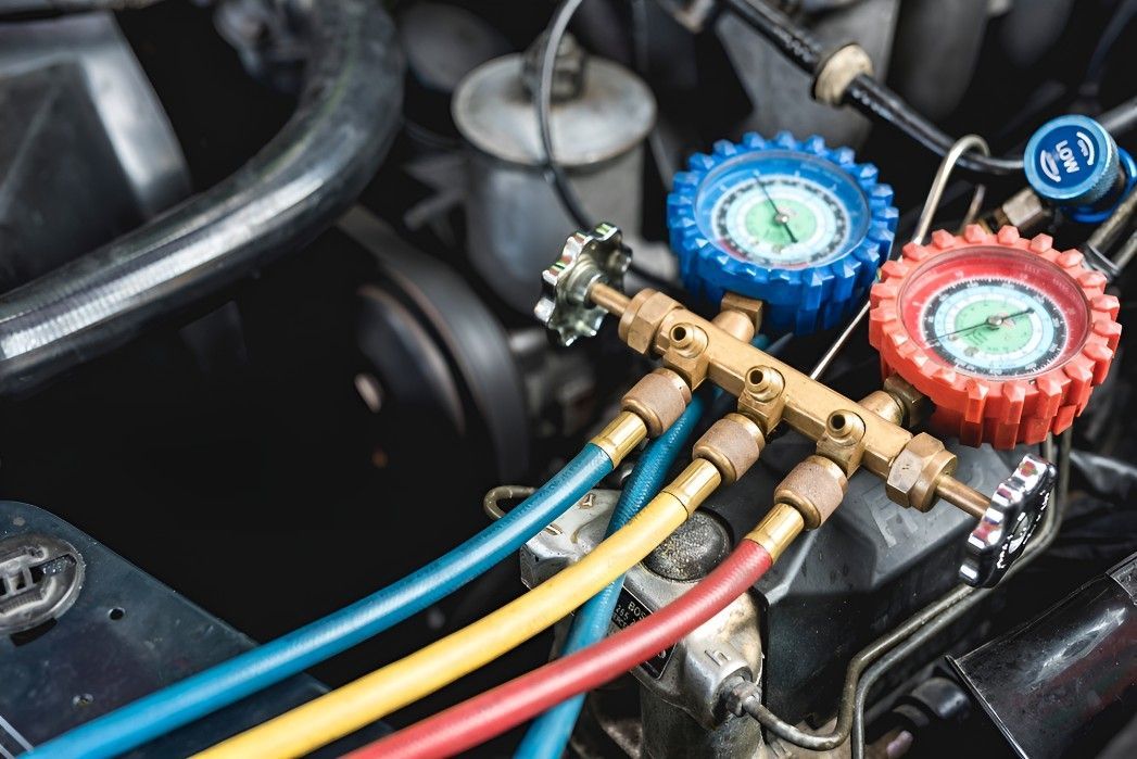 A Close Up of a Car Engine With Hose and Gauges — Cooling Plus Refrigeration & Airconditioning in Ciccone, NT