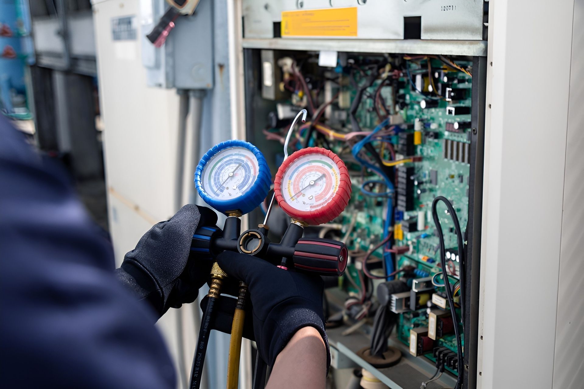 A Person in Black Gloves Using Gauges on Open AC Unit — Cooling Plus Refrigeration & Airconditioning in Ciccone, NT