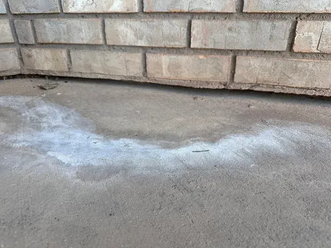 White salt-like deposit on a concrete floor near a brick wall, likely efflorescence caused by moisture.
