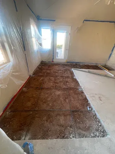 Room under renovation. Exposed subfloor, plastic sheeting on walls, doorway to outside.