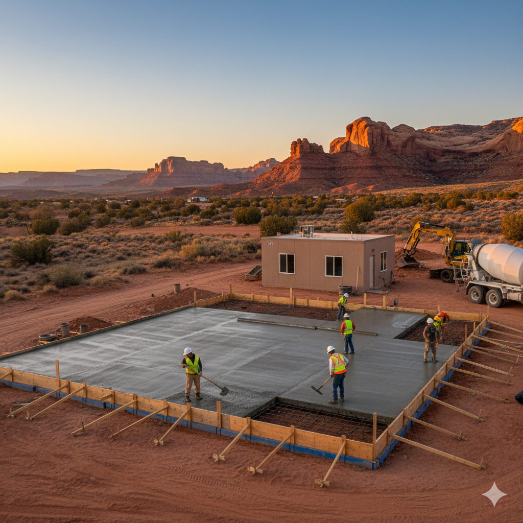 Construction workers smoothing wet concrete foundation in a desert landscape at sunset.