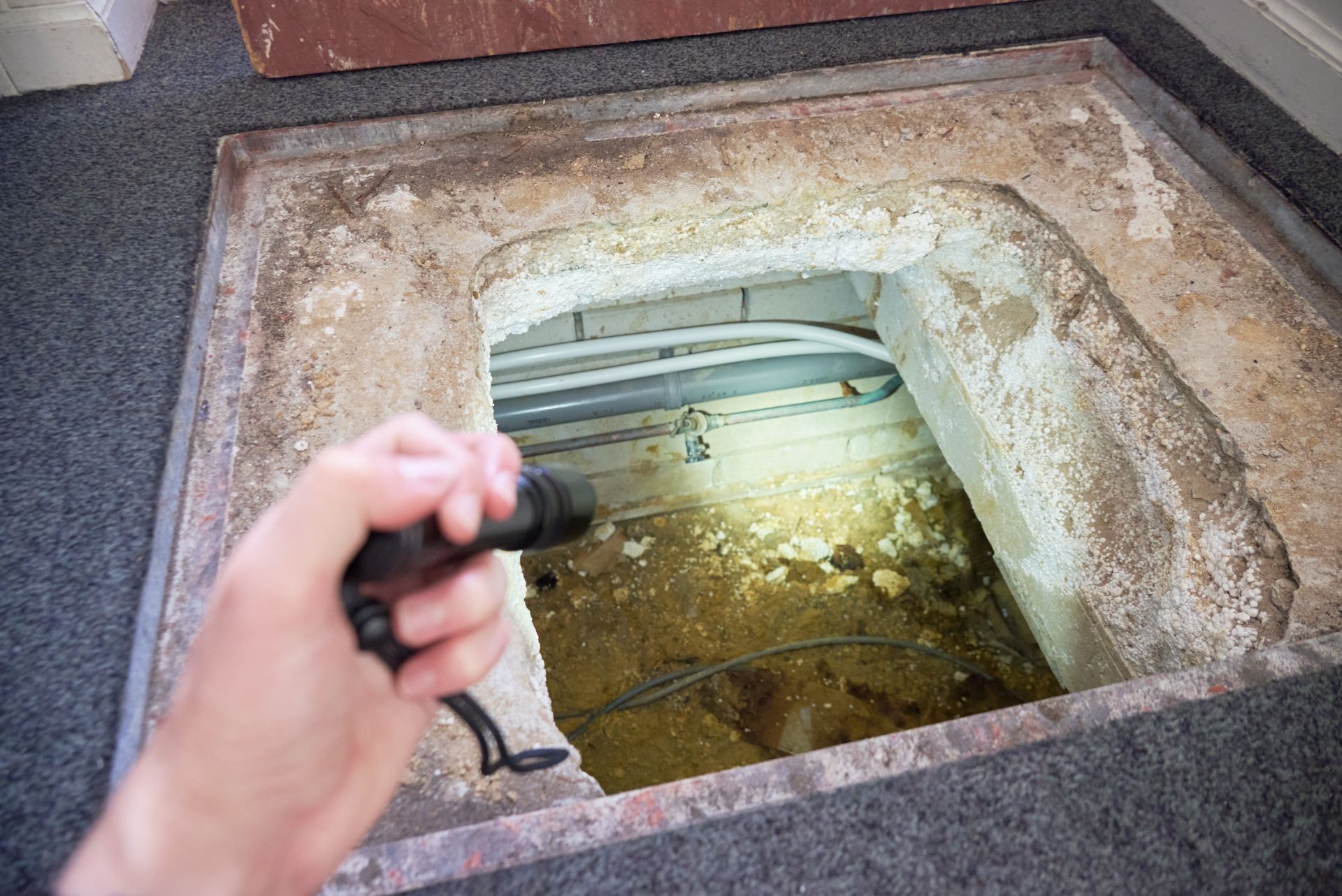 Person holding flashlight peers into an open, rectangular hole in the floor exposing pipes and debris below.