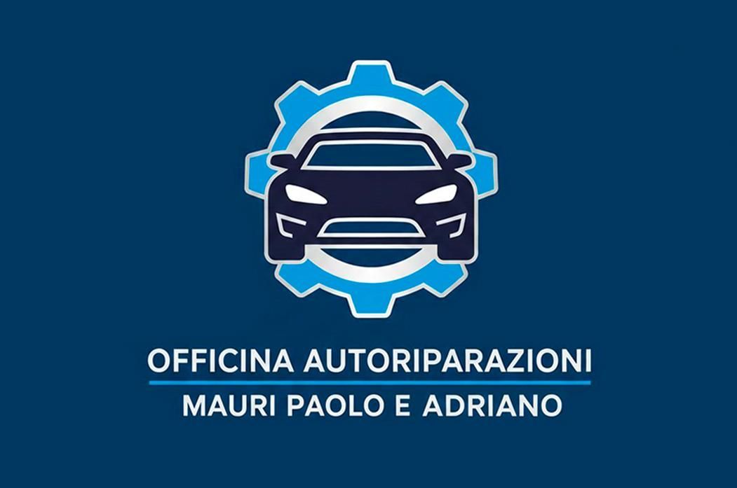Logo blu di un'officina meccanica con un'auto all'interno di un ingranaggio e la scritta 
