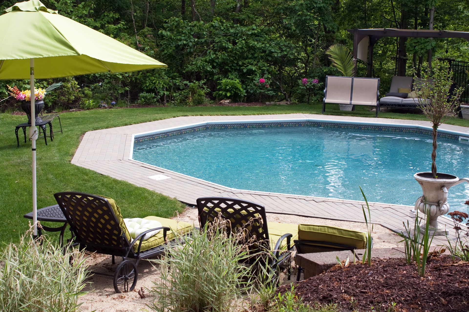 Backyard swimming pool with patio chairs, umbrella, and landscaped greenery.