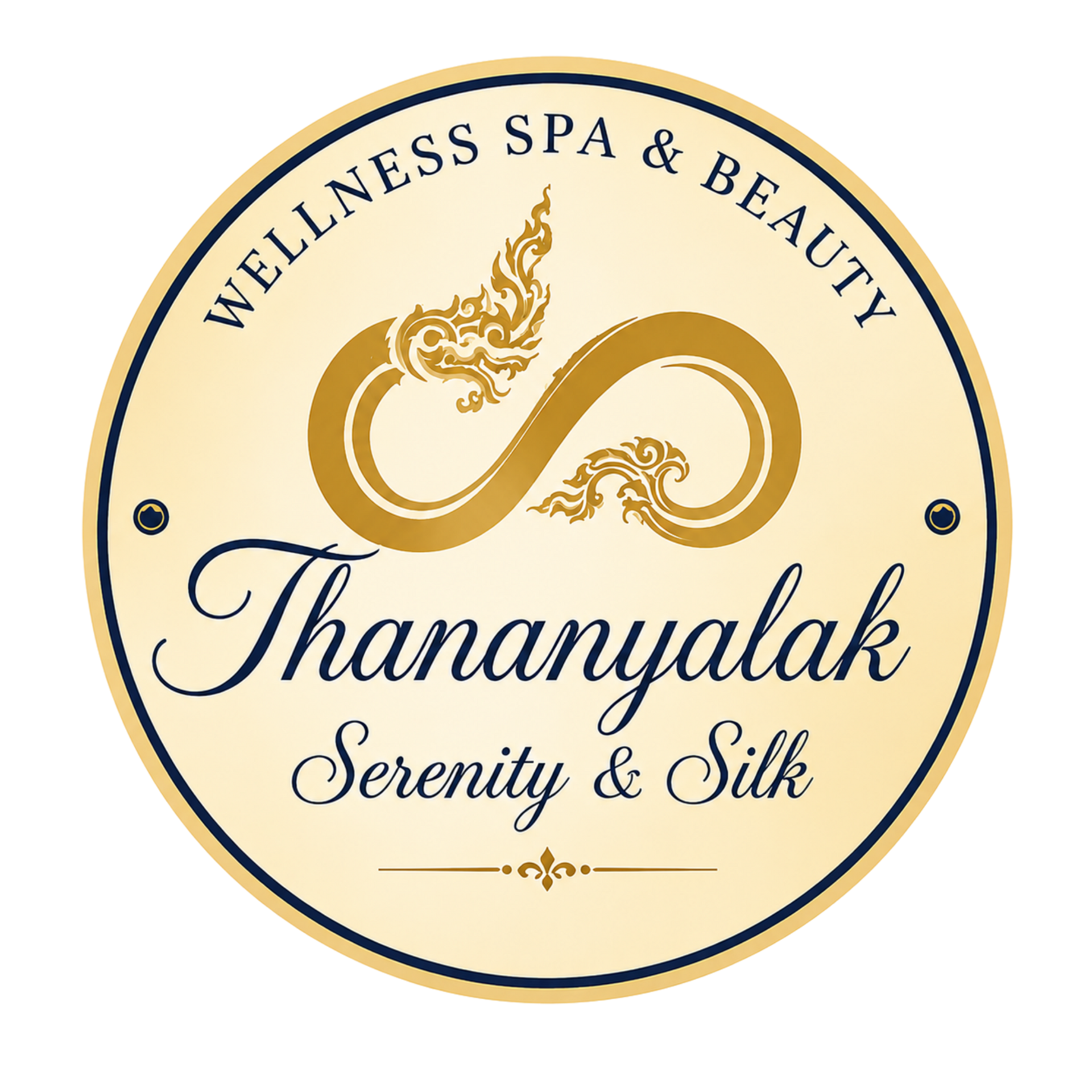 Gold circular logo for Thananyalak Wellness Spa & Beauty, with “Serenity & Silk” text