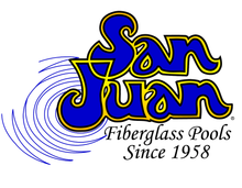 San Juan Fiberglass Pools logo in blue and yellow with swirling water, “Since 1958” text
